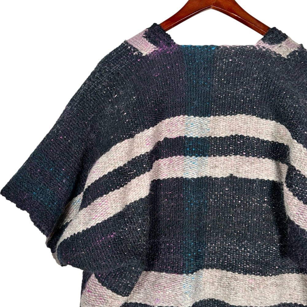 VINTAGE Boxy Open Front Woven Wool Saori Kimono Woven Poncho - Picture 4 of 10